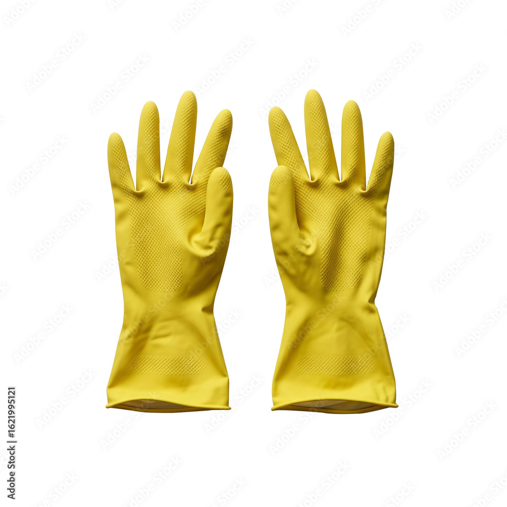 Obraz premium Two yellow rubber gloves are displayed against a white background, palms facing forward.