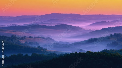 Serene meadow used in eco therapy showcases rolling hills under vibrant sunset, creating peaceful atmosphere for relaxation and healing