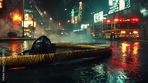 Firefighter's Helmet and Hose on Wet City Street at Night