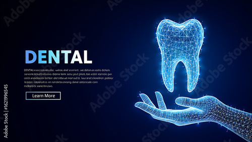 Wireframe hand holding glowing blue tooth dental