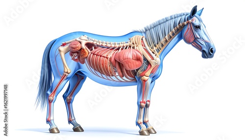 Detailed equine anatomy showing the internal organ systems, skeleton, and muscular structure of a horse. A scientific veterinary illustration.