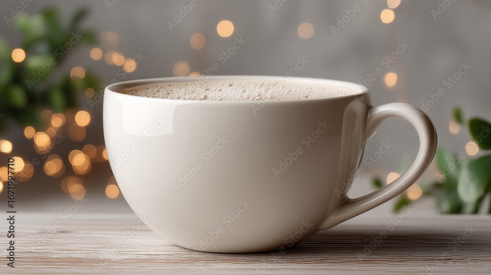 Fototapeta premium An empty white ceramic cup with foam residue sits on a surface, surrounded by soft bokeh lights and subtle greenery,