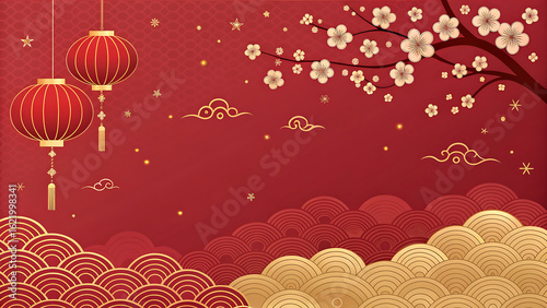 A festive red and gold background featuring Chinese lanterns, blossoms, and clouds, creating a vibrant scene for the chinese new year celebration