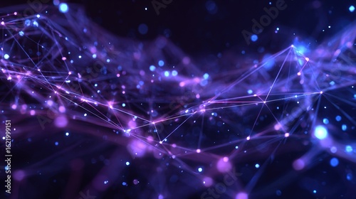 A futuristic 6G network concept featuring glowing digital nodes connected by vibrant beams of light, showcasing a cyberpunk aesthetic in deep blue and neon purple tones.