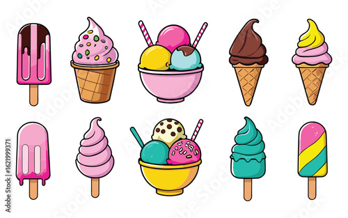 Sweet Summer Ice Cream Cone and Popsicle Cartoon Collection for Design Use