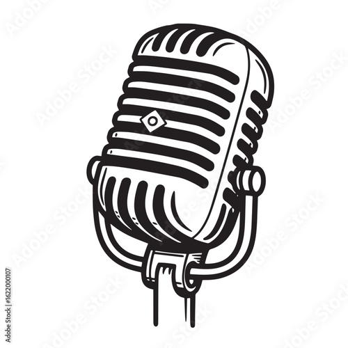 Vintage black and white illustration of a retro microphone on a white background