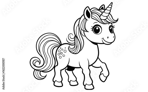 Cute Fantasy Unicorn Standing Pose Vector Illustration for Magical Coloring Books