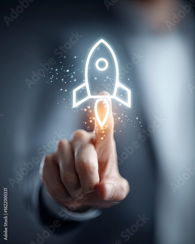 Businessperson launching startup, digital rocket, office background, innovation concept