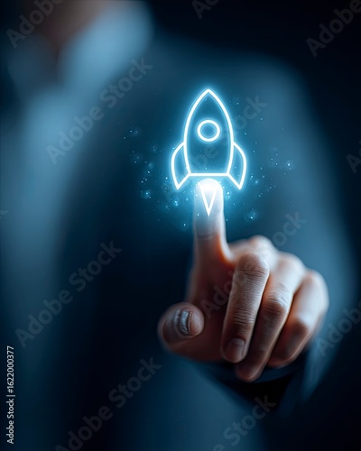 Businessperson launching digital rocket; dark background; startup concept; website banner