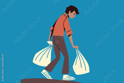 Tired man carrying heavy shopping bags on both hands illustration