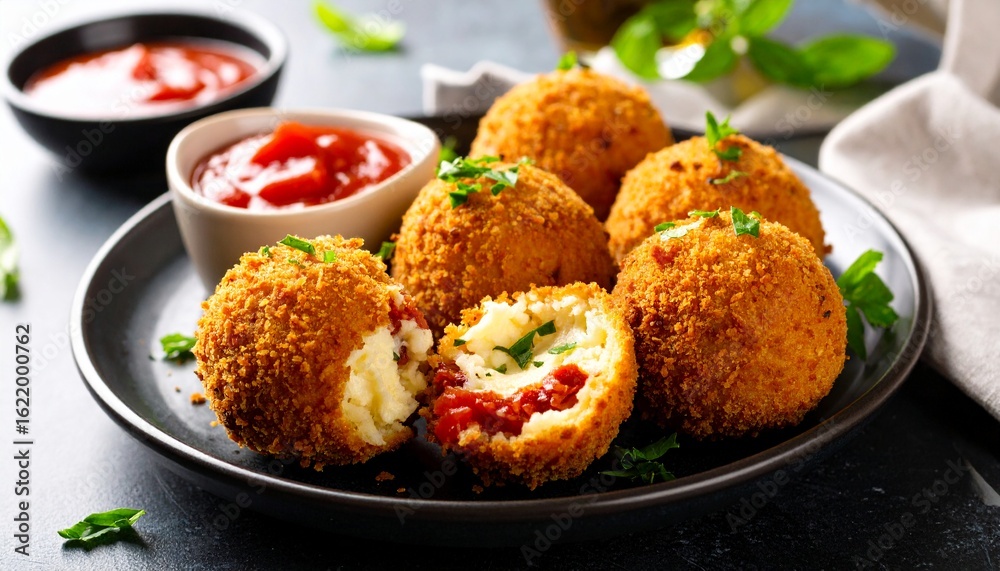 Arancini. Italian Rice Balls With Mozzarella And Sun Dried Tomatoes, With Tomato Sauce. Arancini. Italian Rice Balls With Mozzarella And Sun Dried Tomatoes, With Tomato Sauce.