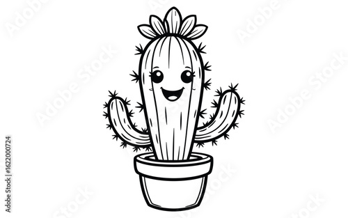 Happy Cartoon Cactus with Flowers in Pot for Coloring Book and Kids Illustration