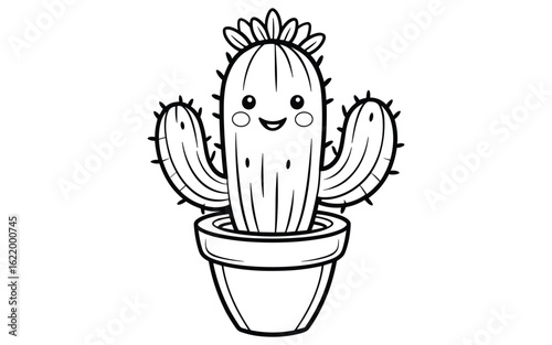 Cute Smiling Cartoon Cactus in Pot for Kids Coloring and Botanical Line Art