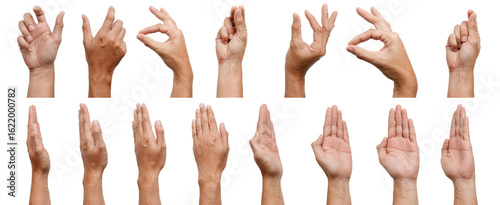 GROUP OF Man Asian hand gestures isolated over the white background. Small thing grab.