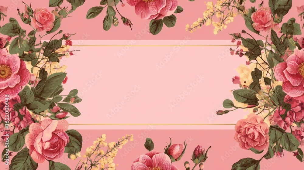 Fototapeta premium Elegant floral border on a pale pink background