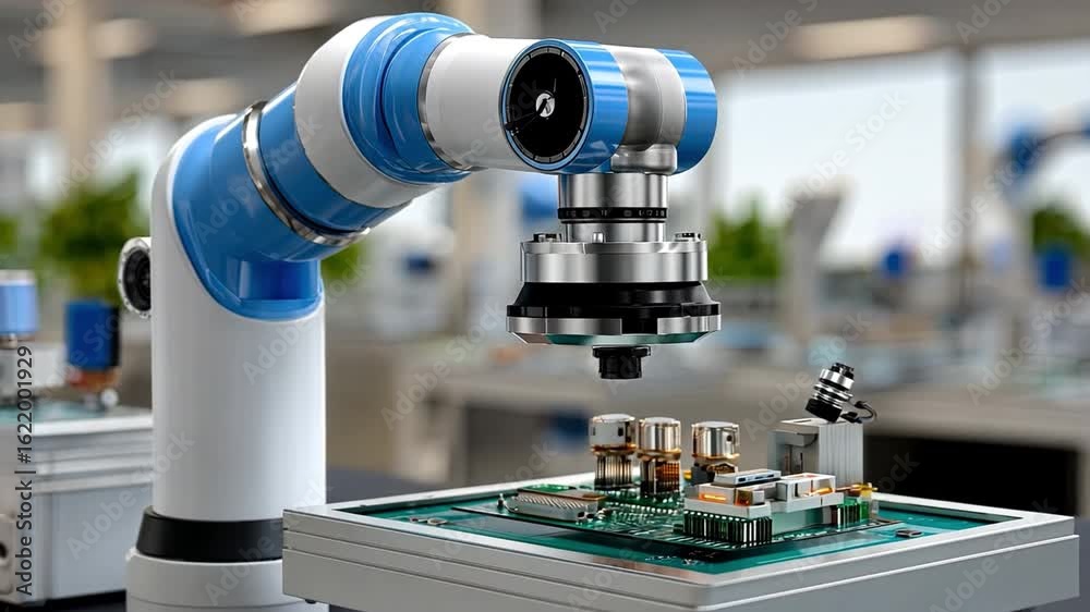 Robotic Arm Inspects Circuit Board Precision Automation Technology in Modern Manufacturing and Electronics Engineering for Industrial Machinery Robotic Arm Inspects Circuit Board Precision Automation Technology in Modern Manufacturing and Electronics Engineering for Industrial Machinery