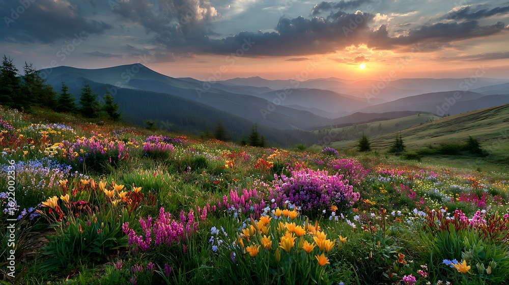 Obraz premium Colorful flower garden with golden sun sinking behind hills