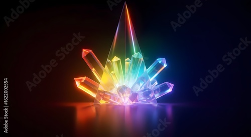Rainbow Crystal Cluster, Neon Glow, Dark Background
