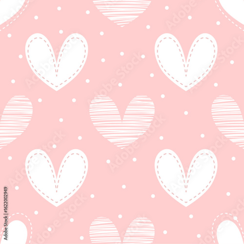 seamless pattern featuring white and striped hearts on a soft pink background with tiny white polka dots. Cute and romantic design for Valentine's Day, or baby products.