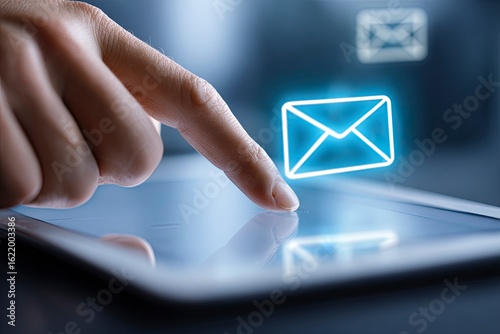 Woman using tablet, checking email, office background, communication