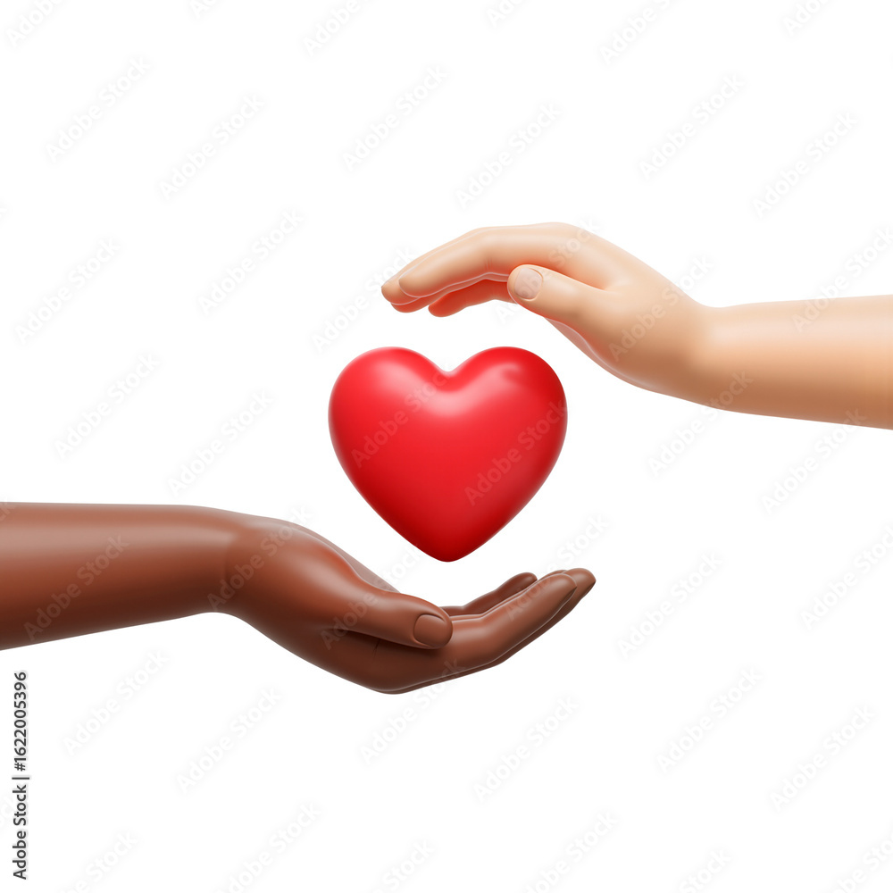 Obraz premium Diverse hands sharing a red heart—symbol of unity and kindness for anti-racism campaigns, and friendship graphics for International Day of Peace. Transparent Background, Cutout, PNG