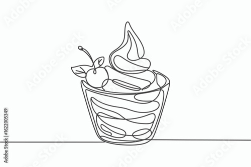 Single line drawing of a soft serve ice cream sundae isolated on white background