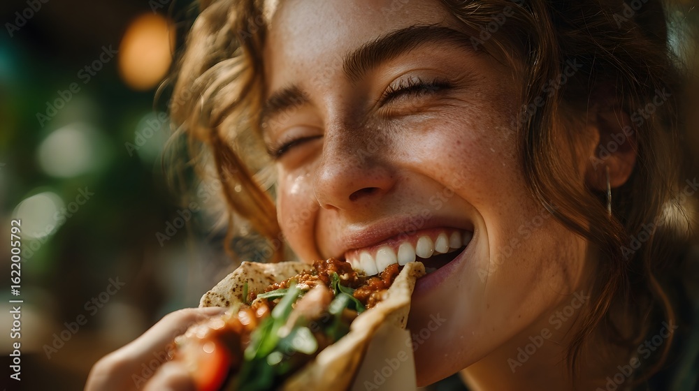 A woman savoring a vibrant plant based taco with joy A woman savoring a vibrant plant based taco with joy