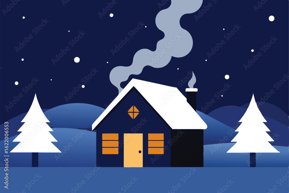 Naklejka premium cozy cabin with smoke curling from chimney under s.eps