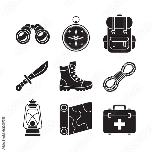 Collection of outdoor adventure and survival gear icons presented in a clean black silhouette style for camping and exploration silhouette