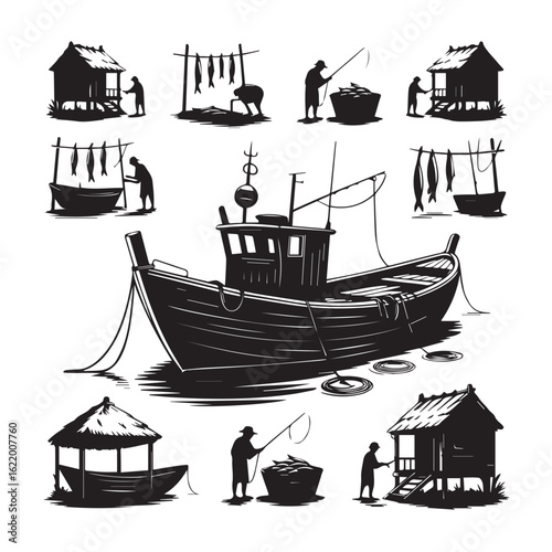 Collection of traditional fishing village scenes in a striking black and white silhouette style showcasing a central fishing boat and surrounding huts