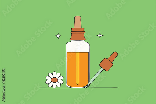 glass bottle with chamomile essential oil and pipe 
