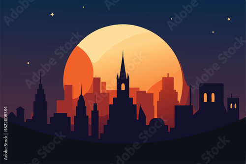 glowing moon illuminating halloween cityscape   (1).eps