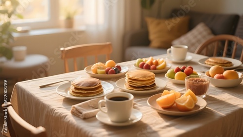 Wallpaper Mural Cozy Breakfast Table with Pancakes, Fresh Fruits, and Hot Beverages in a Sunlit Room Torontodigital.ca