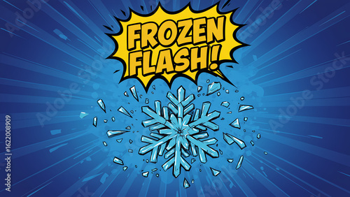 Frozen Flash Snowflake Shattering into Ice Shards on Radial Blue Background