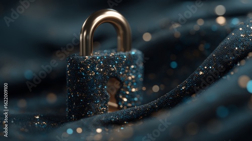 An ornate digital lock rests on dark blue fabric with sparkling glitter, symbolizing security, protection,