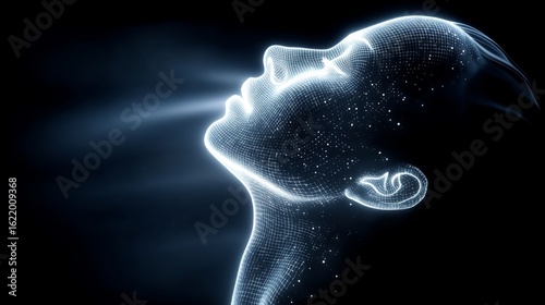 A human head profile made of glowing dots and lines, symbolizing transformation, enlightenment,