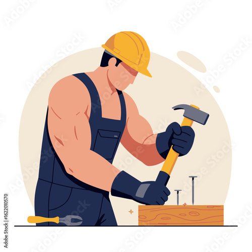 A muscular construction worker in a yellow hardhat uses a hammer to drive nails into a wooden plank, showcasing strength and craftsmanship.