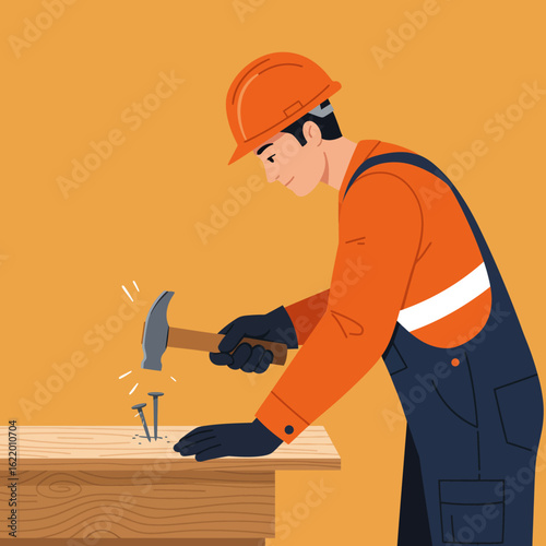 A male construction worker wearing a hard hat and overalls is diligently hammering nails into a wooden surface, depicted in a clean flat illustration style.