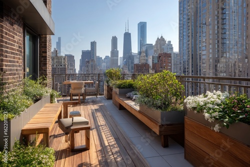 Rooftop Terrace Cityscape View Relaxing urban oasis with cityscape background, ideal for real estate or lifestyle marketing