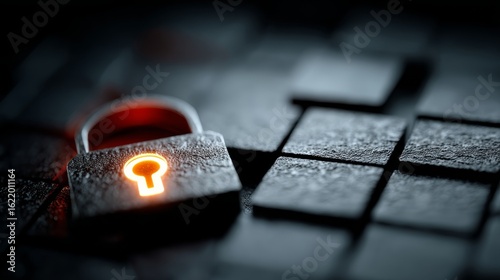 A metallic padlock glows with vibrant orange neon light forming a keyhole shape,