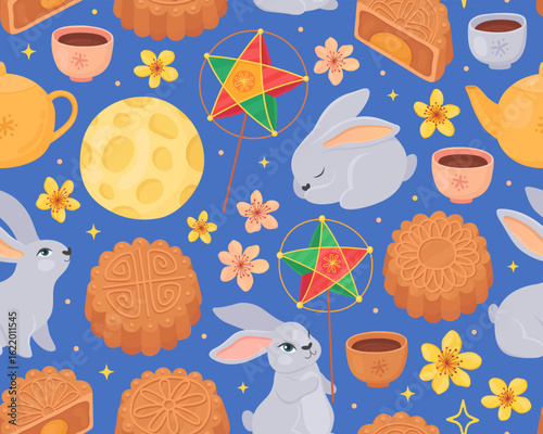 Seamless pattent for mid-autumn festival. Cute rabbits, vietnamese traditional star lanterns, moon, mooncakes, flowers and teapot on blue background. Happy mid-autumn moon festival.