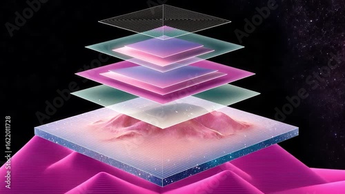 Vibrant digital landscape with layered geometric shapes in pink and purple, creating surreal and futuristic atmosphere that evokes depth and creativity.