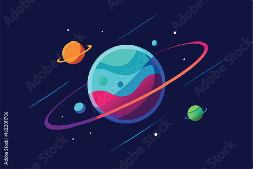 stylized planets orbiting with glowing light trail.eps