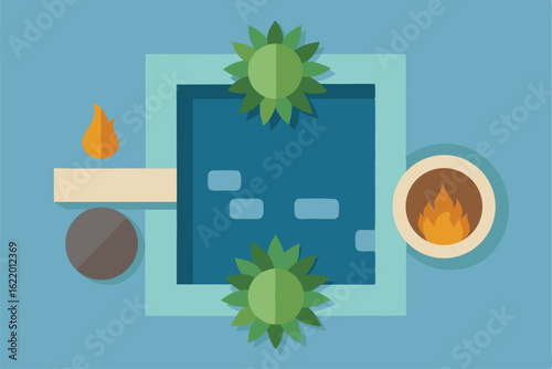 vector top view of poolside area with fire pit sea.eps