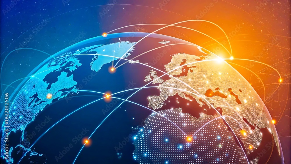 Fototapeta premium Global Network Connections and Data Transfer Across Continents with Technology Background 