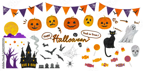 ハロウィンのイラスト素材セット　カボチャ、こうもり、お菓子などの手描き風のベクターイラスト