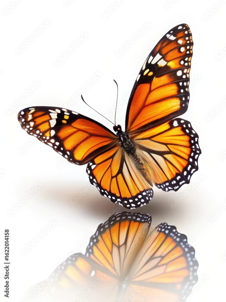Naklejka premium Delicate Orange Monarch Butterfly with Wings in Gentle Flutter on a Clean White Background