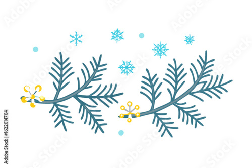 Winter fir branch with snowflakes isolated on white background for christmas and new year decoration, festive season, holiday card, and graphic design element