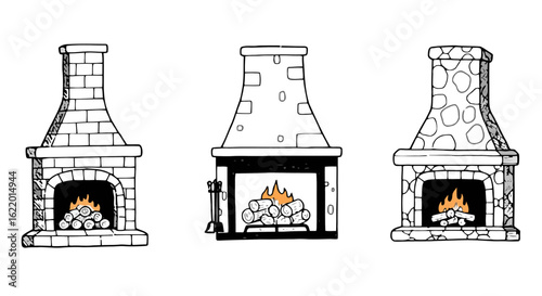 Hand-drawn fireplace designs with flames and wood logs visible, transparent background  