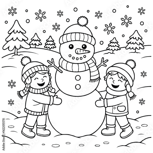 Snowy winter landscape, kids building a snowman together Coloring Page